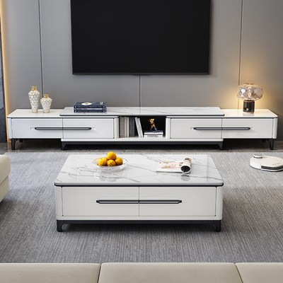 岩板电视柜茶几组合现代简约小户型客厅可伸缩实木电视柜机落地柜