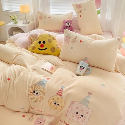 少女加厚牛奶绒h四件套冬季珊瑚绒可爱卡通保暖毛绒床单宿舍三件