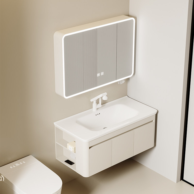 正品侧边奶油风浴室柜组合卫生间洗手洗脸盆柜一体陶瓷盆洗漱台柜