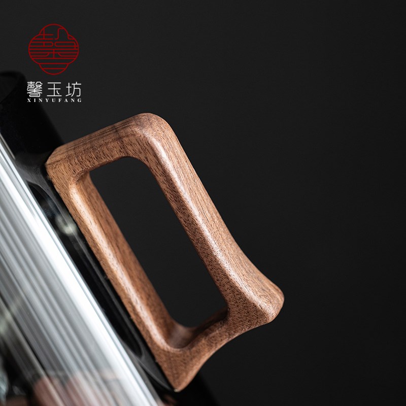 新中式轻奢锡烟灰玻璃杯木把观山喝水杯子耐热茶杯办公杯创意