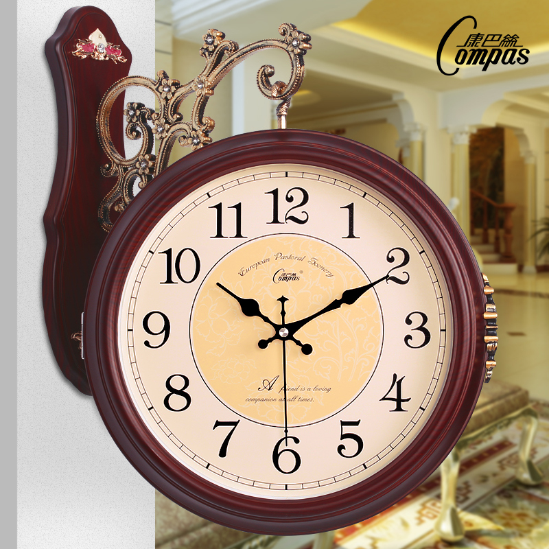 康巴丝欧式双面挂钟客厅创意大号时钟两面钟田园简约静音石英钟表