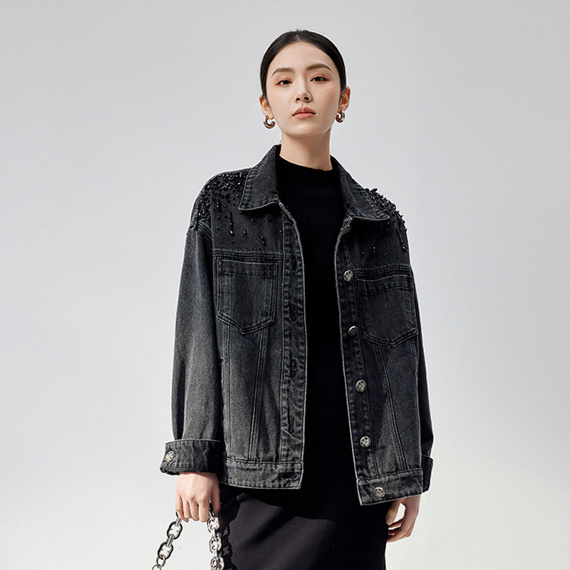 【时菲菲】商场同款春秋新品钉珠黑灰牛仔外套N018B43490图片