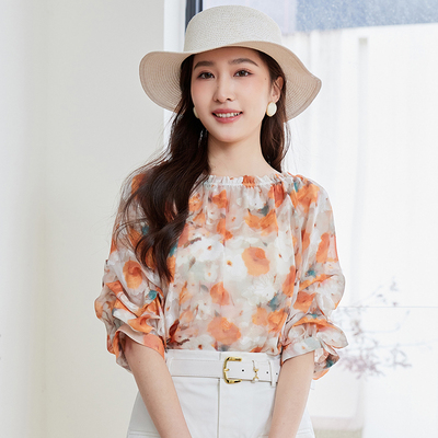 【时菲菲】商场同款夏季一字领褶皱花卉上衣N026A42560