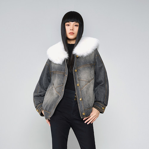 【时菲菲】商场同款新品狐狸毛牛仔羽绒服N2211A34379