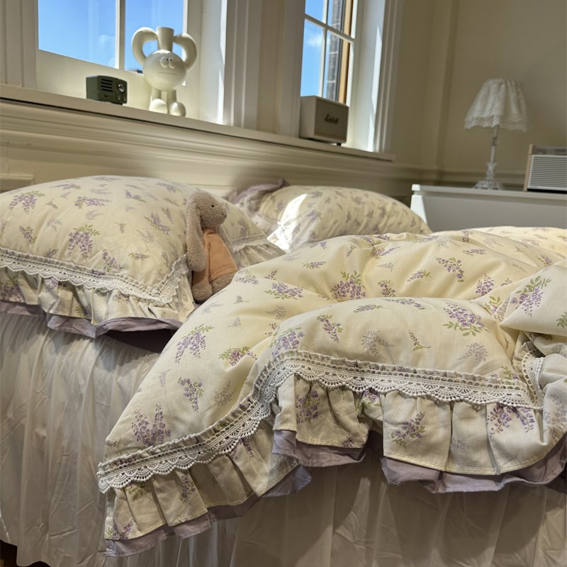 韩式公主素雅紫色小花少女床裙四件套全棉1.5m1.8W被套床单三件套