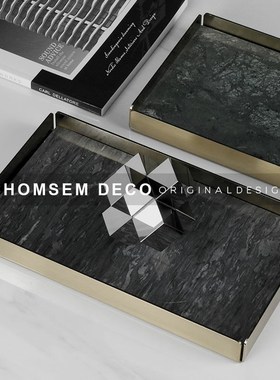 北欧大理石纹金壁长方q形托盘餐桌展示收纳轻奢软装洗手间置物盘
