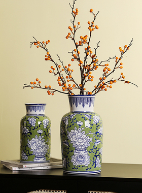 新中式青花瓷花瓶桌面插s花客厅玄关高端民宿桌面花器书房装饰摆
