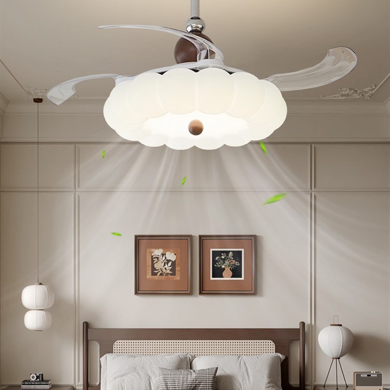 中古风隐形风扇灯吸顶灯奶x油泡泡卧室餐厅吊灯房间电扇一体灯