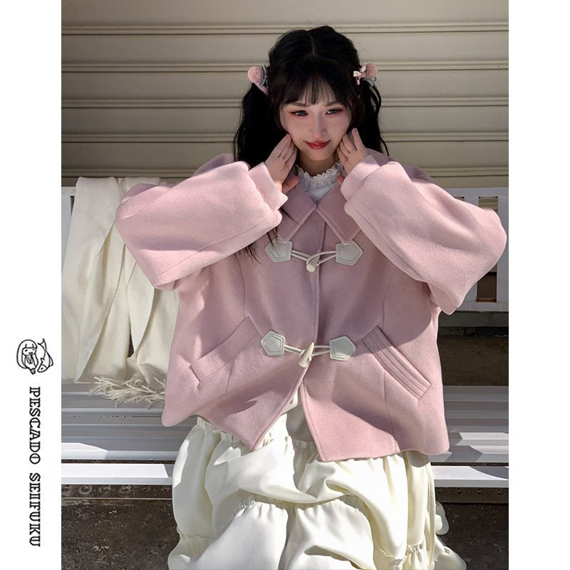 咸鱼衣橱 粉色牛角扣短款大衣女2024新款甜Q美小个子学院风外套