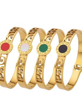 欧美复古镂空镶钻钛钢手环女 高级感时尚K罗马数字不锈钢弹簧手镯