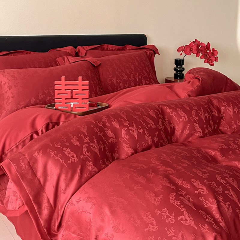 高档提花婚d庆结婚床上四件套大红色全棉床单纯棉被套婚房陪嫁床