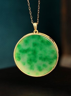 圆形无事牌镶h嵌翡翠a货冰糯种满色男女款玉石项链网红直播爆品