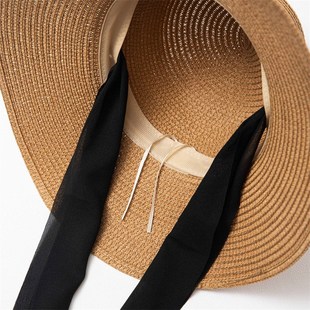 韩版夏季防晒遮阳帽子女黑色丝带盆帽G网红沙滩帽可折叠草编渔夫