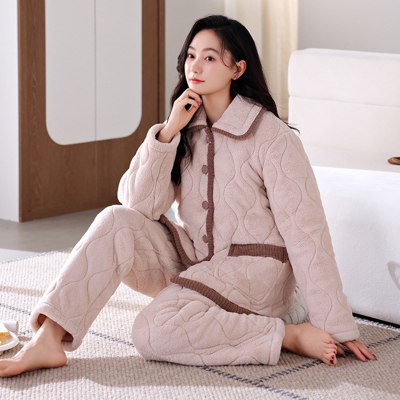 加厚加绒三层夹棉睡衣女士冬季珊瑚绒D2024年新款保暖家居服秋冬