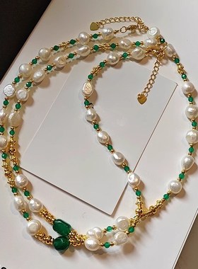 异形巴洛克淡水珍l珠绿玉髓玛瑙项链女时尚新中式复古绿水晶锁骨