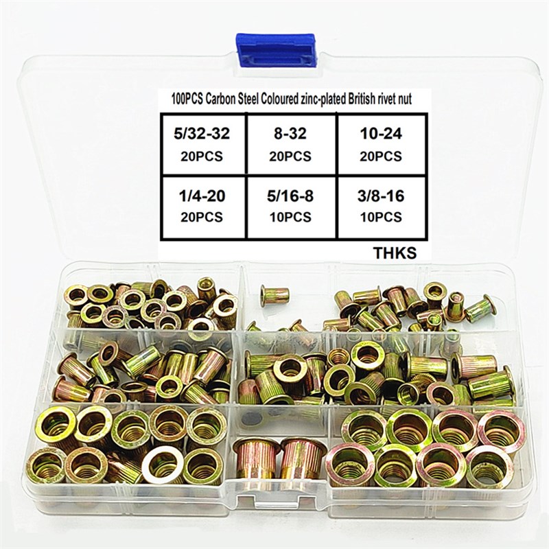 100pcse/ 盒英制美制碳钢镀彩锌拉铆螺母平头竖纹铆螺母滚花铆螺
