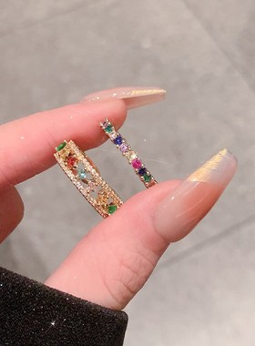 复古彩虹宝石戒指女m小众高级素圈锆石开口戒指饰品钻戒尾戒托