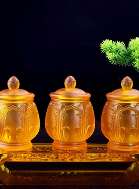 供佛吉祥花圣水杯 佛具仿琉璃z莲花净水杯 家用奉神玻璃杯摆件包