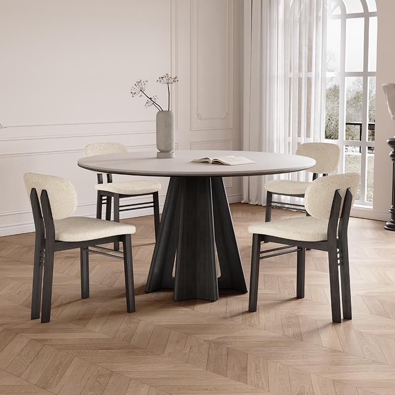 纯白岩板餐桌圆桌现代简约家用小户型法式复古风白蜡木实木圆餐桌