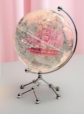 送朋友乔迁礼物闺蜜生日礼物透明粉色地球仪轻奢客厅玄关酒柜摆件