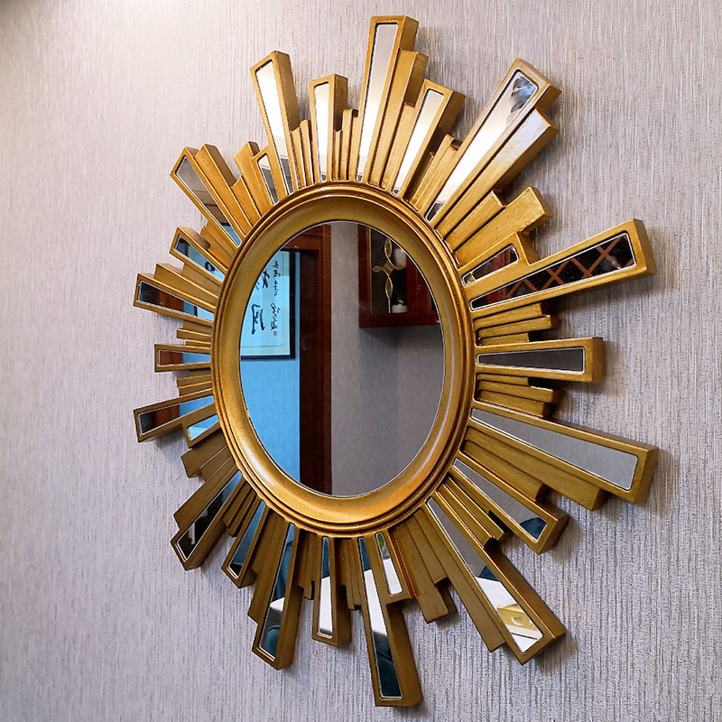 玄关餐边装饰镜背景墙客厅覆古圆形壁挂创意太阳装T饰镜子挂墙木