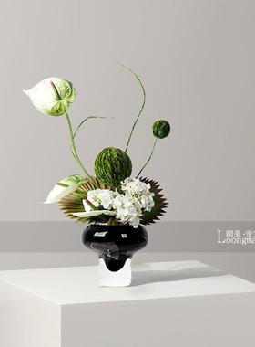 黑色高脚银箔玻璃花瓶插花酒店会所茶几洽谈桌小桌花摆件中古花艺