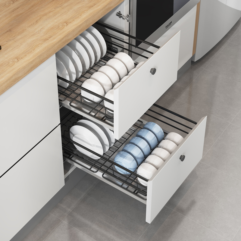 米司库厨房橱柜不锈钢碗碟拉篮小尺寸双层抽屉式调味果蔬拉篮46深