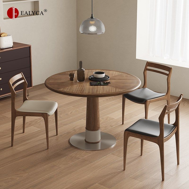 竹蜻蜓北美黑胡桃木圆餐桌中古风圆桌实木咖啡桌阳台洽谈桌小户型