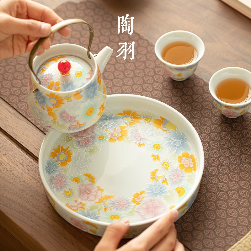 万花提梁壶家用陶瓷泡茶壶仿古釉一F壶三杯茶盘茶杯功夫茶具套装