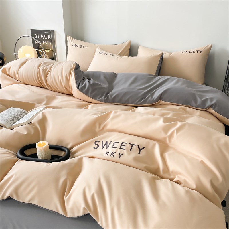 轻奢柔软水洗棉四件套高档刺绣被罩轻奢床笠被套宿舍床单三件套