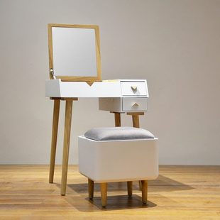 随园实木翻盖梳妆台北欧简约小户型多功能卧室白色带灯迷你化妆桌