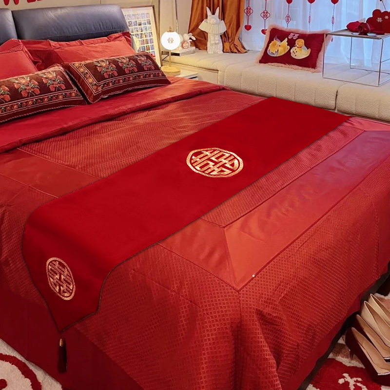 红色床旗结婚婚房装饰床尾搭巾新婚床上用品喜字桌旗茶几茶台桌布