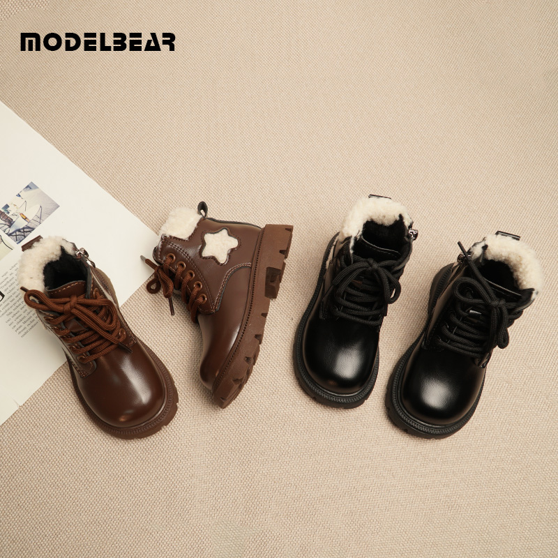 女童马丁靴儿童短靴2023v新款冬季加绒保暖英伦风靴子洋派男童皮