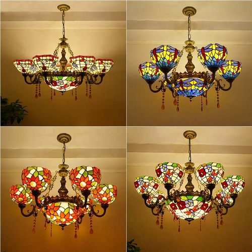 欧式复古蒂凡尼手工彩色玻璃客厅餐厅酒吧咖啡厅多头水晶吸吊灯