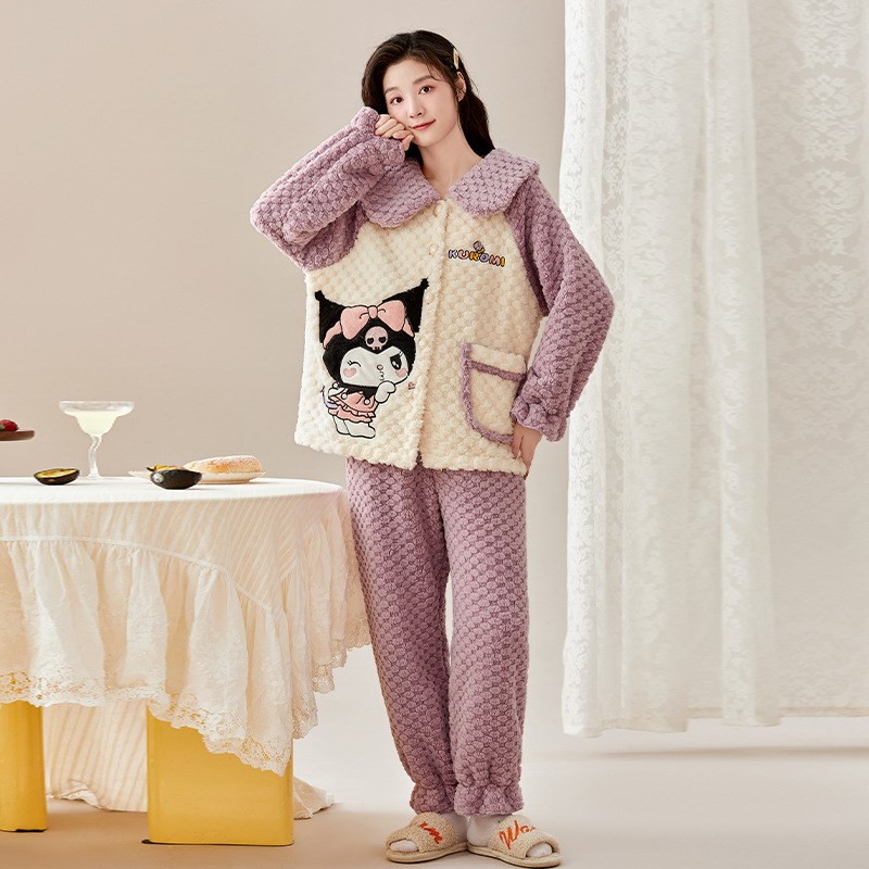 秋冬法兰绒睡衣女加厚长r袖保暖日系甜美可外穿大码家居服女士套