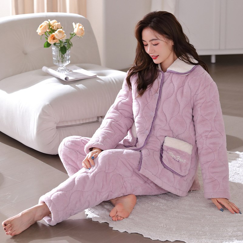 2024年新款睡衣女珊瑚绒冬三层C加厚夹棉冬季可外穿家居服保暖套