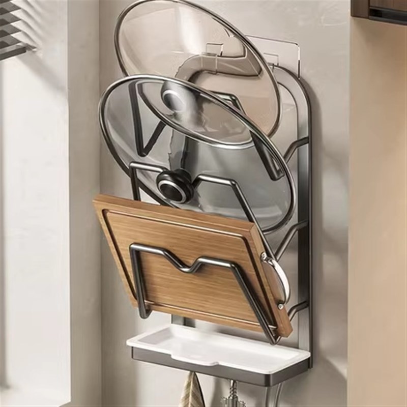 锅盖架子免打孔厨房置物架壁挂式多E功能放置器砧板切菜板收纳神