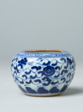 仿古瓷器 清康熙风格 青花缠枝莲纹水盂（ 配民国老水盂勺一根）