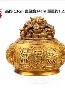纯铜聚宝盆摆件桌面带盖t开盖招财聚财五路财神聚宝盆家居客厅礼