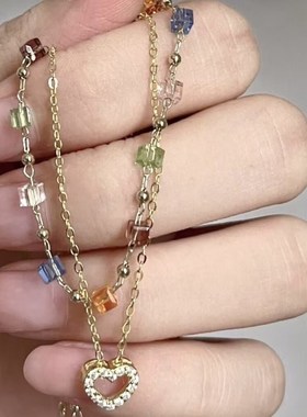 轻奢简约彩色爱心水晶叠戴项链女锁骨链甜美小R众设计高级感颈链