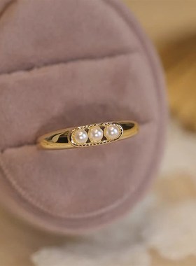 法式复古双层锆石珍珠猫眼石戒指女小众个性简约百搭X气质指环戒