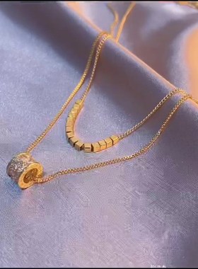 奢华超闪方块双层叠戴项链女轻奢微镶锆石小蛮腰锁骨链Z优雅气质