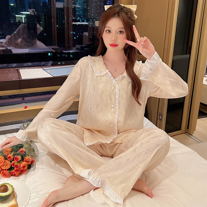 源头厂货b2022秋季新款睡衣女冰丝一件代发抖音花卉提花家居服套