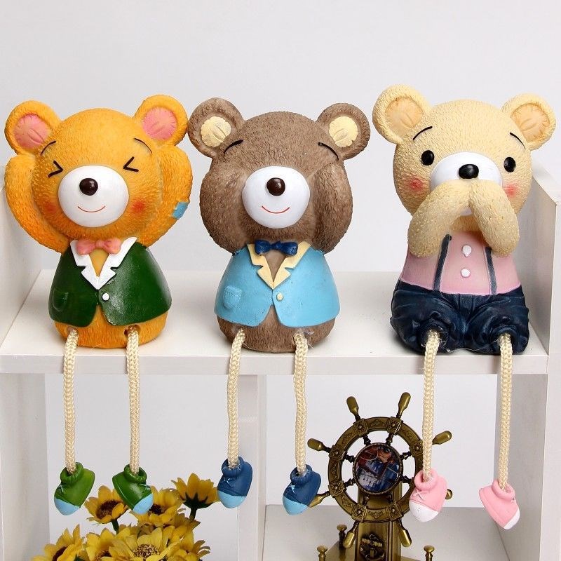 可爱三不熊吊脚娃娃树脂家居工艺品F酒柜电视柜儿童房桌面装饰摆