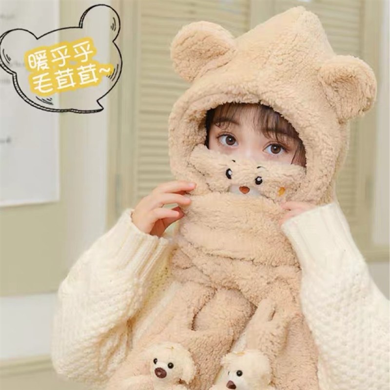 儿童帽子围巾f手套三件套冬季加绒加厚女童一体帽男宝宝防风帽亲