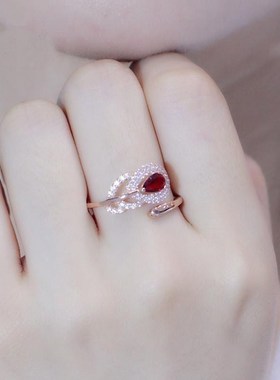 紫金微镶红色仿宝石羽毛戒指时尚大气纯G玫瑰金彩镀925银厂家直销