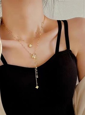 双面四叶草毛衣链2021年新款潮C双层项链高级感轻奢个性小众饰品