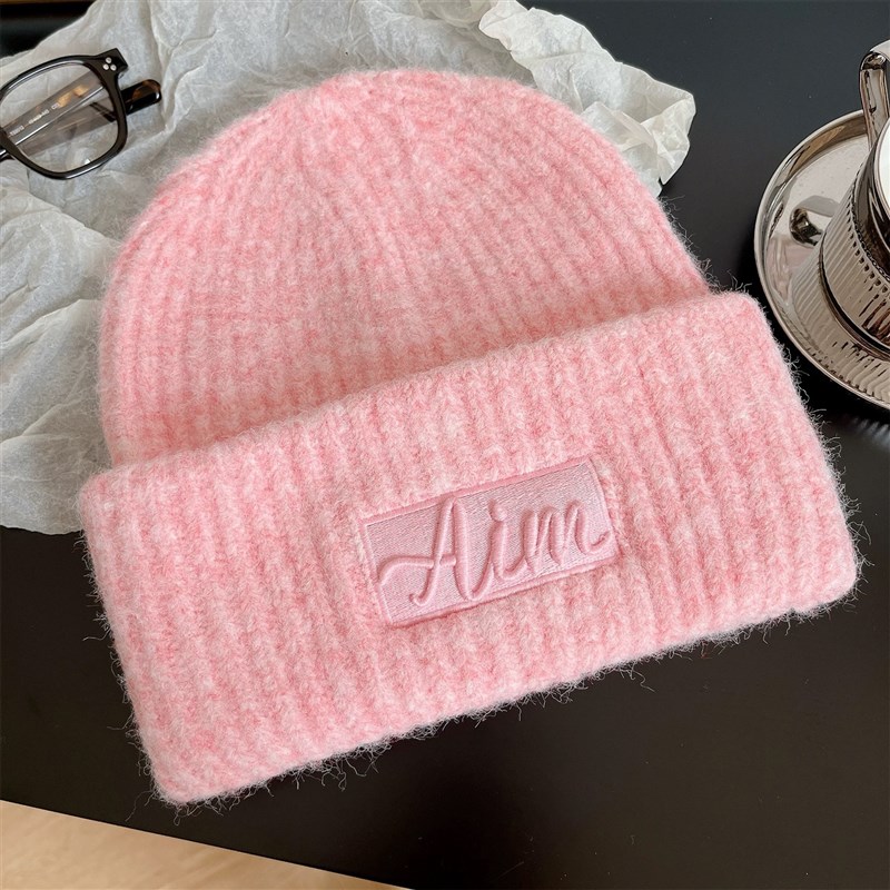 2024新款大g头围毛线帽女秋冬显脸小字母针织帽粉色保暖帽子冷帽