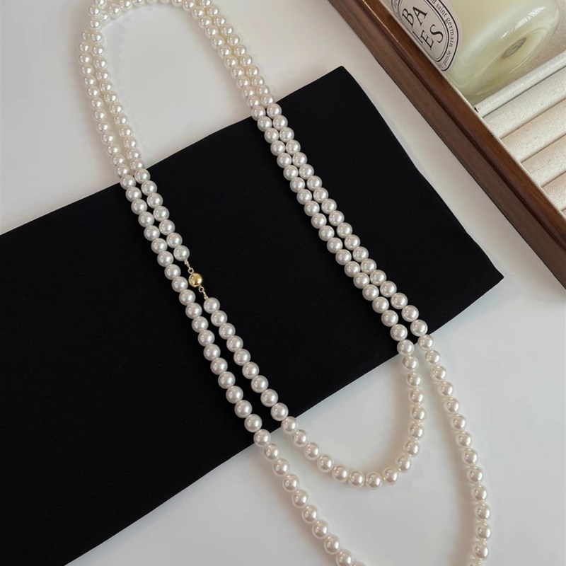 NK-173圆形磁铁扣珍珠项链玻C璃珍珠可叠戴长款女毛衣链秋冬