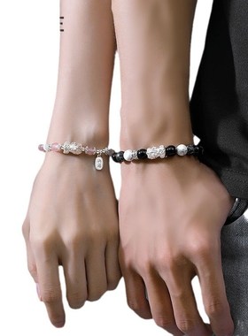 热销925银貔貅手链情侣款黑曜石轻B奢小众ins风原创设计款情侣手